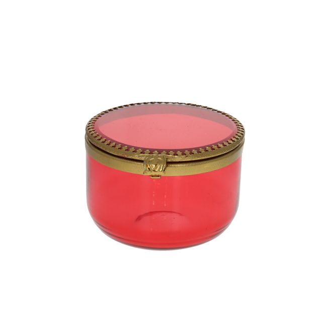 Boîte ronde  rose en verre et laiton
