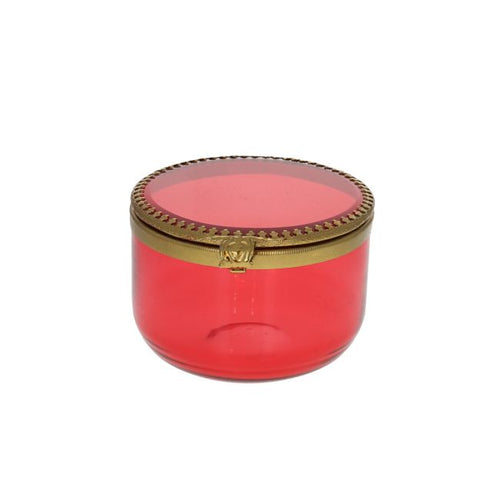 Boîte ronde  rose en verre et laiton