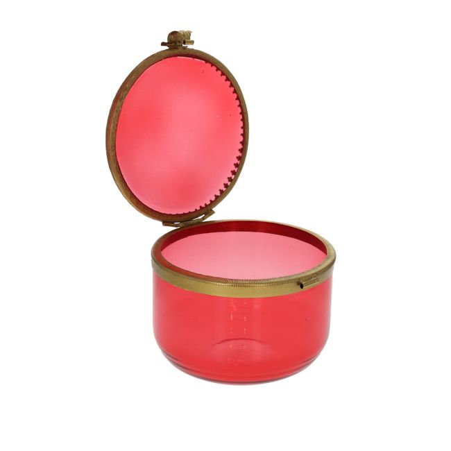 Boîte ronde  rose en verre et laiton