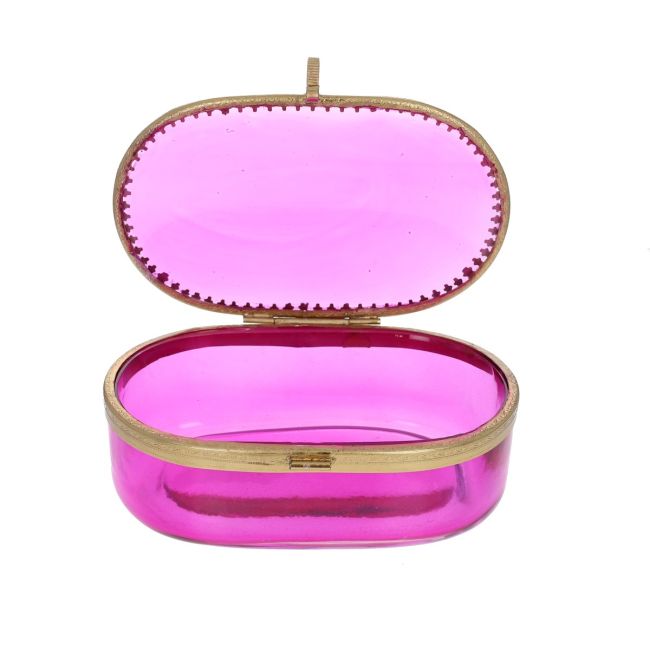 Boîte ovale rose en verre et laiton
